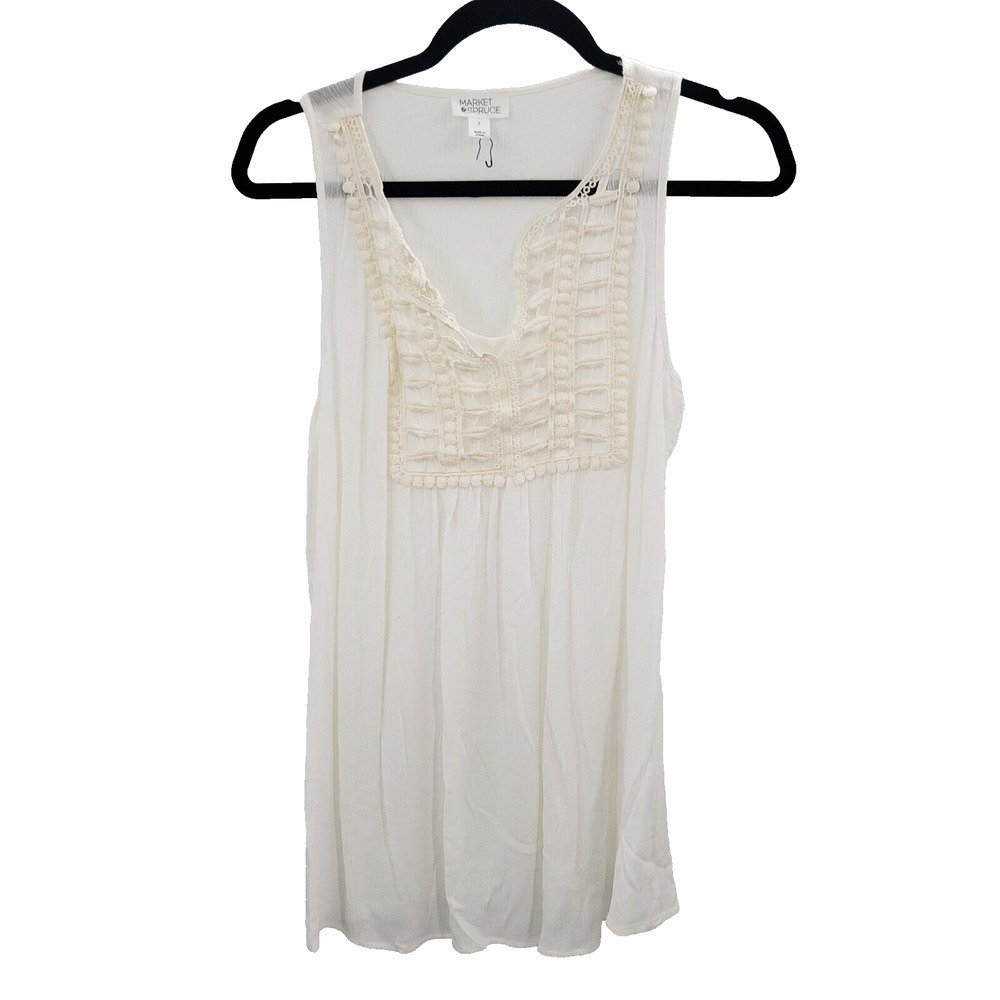Market & Spruce White Sleeveless Blouse Womens Small Crochet Accent Tank Rayon
